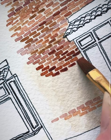 Brick Wall Drawing, Drawing Cards, Watercolor House Painting, Brick Art, Building Sketch, Building Painting, Watercolor Architecture, Wall Drawing, Painted Brick