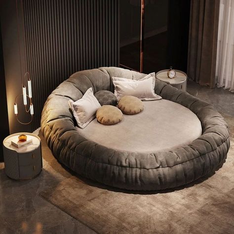 Modern Round Bed with Mattress - ITS JUST NOT A FURNITURE ITS A MASTERPIECE BY @sajosaamaan Style : Modern Contemporary Colour: Charcoal Grey Material: Velvet Timber Frame base Size: Queen Size 245cm L x 245cm W x 100cm H (US) 96.6" L x 96.5" W x 39.4" H Mattress Size 200cm x 200cm (US) 78.7" x 78.7" Features: ✅Unmatched style and relaxation ✅Modern elegance ✅High quality ✅Versatile aesthetics ✅Statement piece #roundbed #queensize #lowfloorbed #LuxuryFurniture #luxurylook #LuxuryInt... Dream Beds, Italian Style Furniture, Circle Bed, Couple Bed, Round Bed, Nest Bed, Hiasan Bilik Tidur, Decor Fireplace, Round Beds