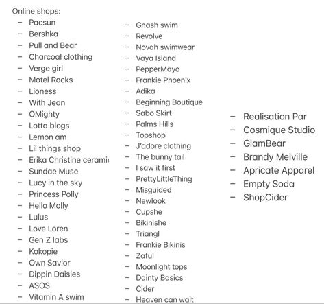 Good Shopping List, Clothing List Shopping, Places To Online Shop For Clothes, Clothes Buy Shopping, All Clothing Styles List, Outfit Categories List, Winter Shopping List Clothes, Stores To Shop At For Clothes Online, Online Shops Clothes