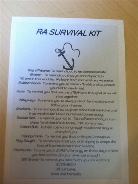 A sweet welcoming letter for staff-RA survival kit Ra Event Ideas, Living In Your Car, Ra Activities, College Event Ideas, Ra College, Ra Programs, Rez Life, Ra Programming, Dorm Bulletin Boards