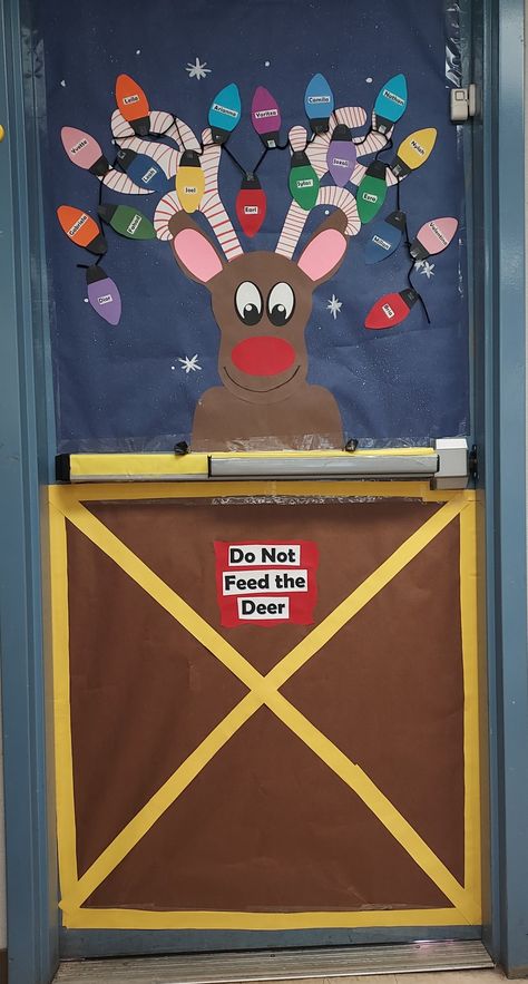 Door decoration. By: Claudia Cespedes Oh Deer Classroom Door, Easy School Door Decorations, Rudolph Door Decoration, Reindeer Classroom Door Decorations, Reindeer Stable Office Decorations, Grandma Got Ran Over By A Reindeer Door, Rudolph Door Decorations For School, Christmas Office Door Decorations Ideas Easy, Rudolph The Red Nosed Reindeer Classroom Door Decoration