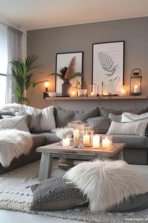 Modern Yet Cozy Living Room, Living Room Wall Over Couch, Living Room Wall Color Grey Couch, Gray Walls Home Decor, Grieve Living Room, Living Room Ideas White Floor, Home Decor Ideas Grey Walls, Grey Corner Sofa Cushion Ideas, White Gray Living Room Ideas