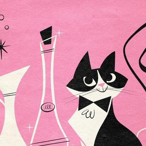 Cyn Barrera on Instagram: "TUXEDO CAT  The most elegant cat in the world 🐈‍⬛🖤  #cat #tuxedocat #gato #bottles #wine #midcenturymodern #borolina #retroillustration #retro #50s #starburst #atomicera #midmod #mcm #cartoon #illustration #cynbarrera #landofatomic" Neo Retro Illustration, Tuxedo Cat Illustration, Cartoon Tuxedo Cat, Starburst Illustration, Tuxedo Cat Drawing, 50s Cartoon, Girl Tuxedo, Tuxedo Cat Art, Art Deco Cat