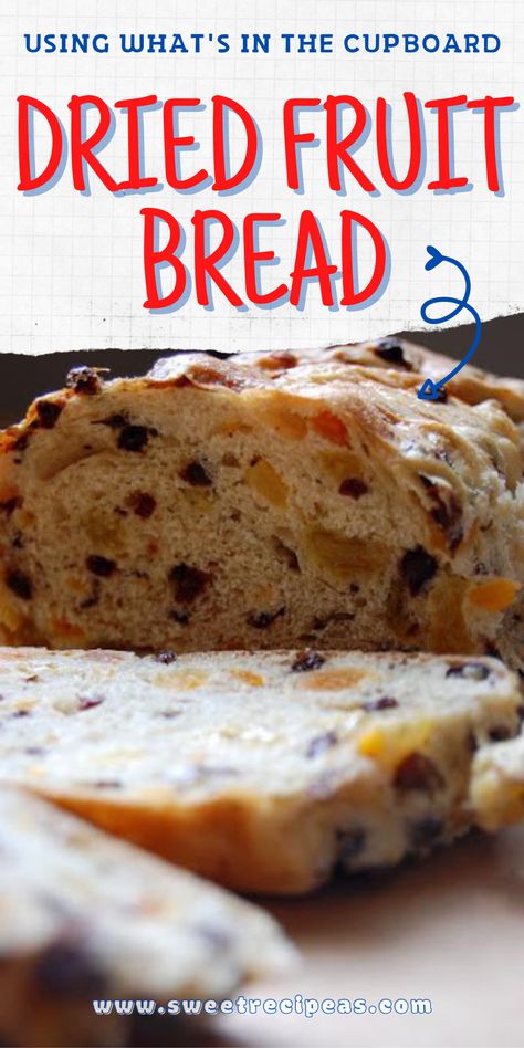 Sliced loaf of Dried Fruit Bread. Dried Fruit Quick Bread Recipes, Fruit Nut Bread, Fruit Bread For Christmas, Sweet Fruit Bread Recipes, Fruit And Nut Bread Recipes, Apricot Raisin Bread, Fruit Quick Bread Recipes, Dried Fruit Muffin Recipes, No Knead Fruit Bread