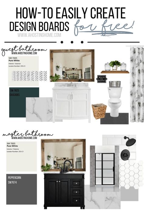 How To Create a Design Board (for free!) - A Hosting Home Decor Boards Inspiration, How To Make Inspiration Board, Vintage Bedroom Mood Board, How To Make A Design Board, Whole House Design Board, Bathroom Interior Design Mood Board, House Mood Board Inspiration, Inspiration Boards Interior Design, How To Create A Design Board