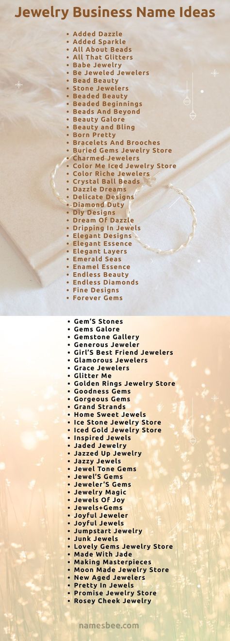 400BeautifulQuirky Names for Jewelry Business See these beautiful business names at s://namesbee.com/jewelry-business-names/ Small Bussines Aesthetic Names, Bracelet Shop Names Ideas, Cute Braclet Business Names, Jewellery Store Ideas, Cute Names For Jewelry Business, Business Name Ideas For Bracelets, Cute Jewelry Store Names, Beading Business Names, Handmade Jewelry Quotes Business