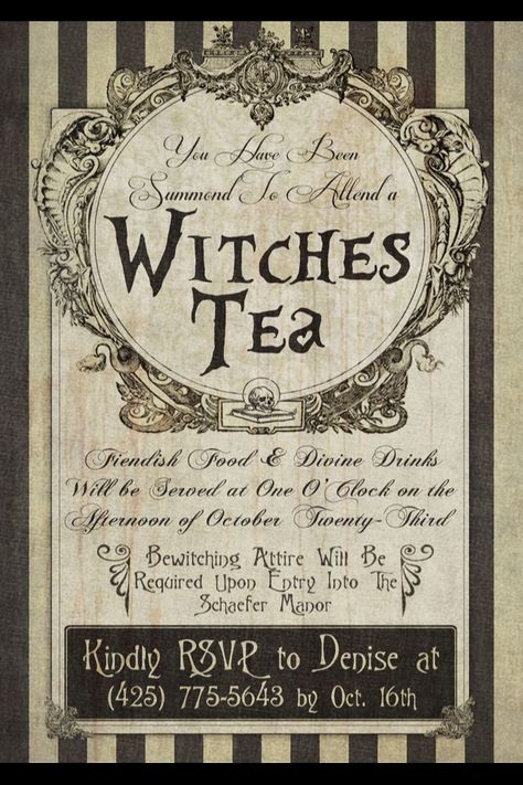 ~Witches Tea Invitation~ I WANT TO DO THIS. Witches Tea, Halloween Tea Party, Potion Labels, Witch Party, Halloween Fest, Halloween Labels, Theme Halloween, Witches Brew, Halloween Invitations