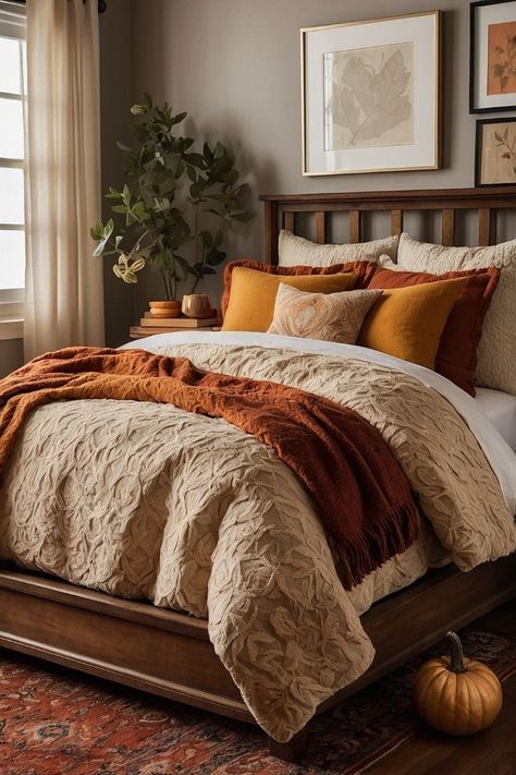 Discover 30 cozy fall bedroom decor ideas, including autumn-themed art and rugs, for a warm and inviting autumn sanctuary. Autumn Bed Sheets Aesthetic, Fall Aesthetic Cozy Bedroom, Fall Pillow Ideas, Fall Color Bedroom Ideas, Fall Bed Sheets, Fall Bedroom Ideas Cozy, Rust Bedding Decor, Autumnal Bedroom, Autumn Bedroom Aesthetic