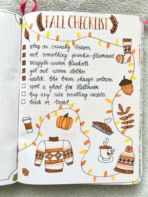 October 2018 Bullet Journal fall check list page Fall Title Ideas, Halloween Bulletin Journal Ideas, Fall Bujo Ideas, Fall Tbr Bullet Journal, October Journal Ideas Easy, Bullet Journal Ideas Pages September, October Bulletin Journal Ideas, September Dot Journal Ideas, Fall Notebook Ideas