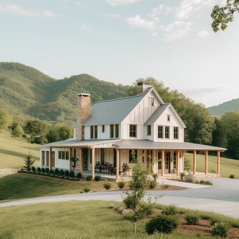 Home Design, Ai Home Design, Farmhouse Style Exterior Mountain Home Wrap Around Porch Metal Roof White Home Home Wrap Around Porch, Porch Metal Roof, Dream Farmhouse, Dream Life House, Barn Style House Plans, Casa Country, Barn Style House, Dream House Rooms, Wrap Around Porch