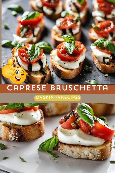 Indulge in the perfect blend of flavors with our Caprese Bruschetta recipe! Crispy baguette slices topped with ripe tomatoes, creamy mozzarella, fresh basil, and a drizzle of tangy balsamic glaze. A mouthwatering appetizer for any occasion!#myskinnyrecipes #CapreseBruschetta #AppetizerIdeas #EasyRecipes Bruschetta Recipe With Pesto, Tomato Mozzarella Wreath, Caprese On Baguette, Tomato Basil Mozzarella Appetizers Balsamic Vinegar, Brusetta Appetizer With Cheese, Baguette Meal Ideas, Recipes With Fresh Mozzarella Balls, Caprese Bruschetta Recipe, Bruchetta Appetizers Mozzarella