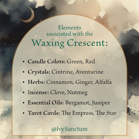 🌒✨ Manifest Your Dreams with the Waxing Crescent ✨🌒 The waxing crescent moon is a time for action and manifestation. Historically, this phase has been used for initiating new projects and personal development. As the moon grows, now especially under the effect of the Lion's Gate Portal, it's the perfect period to focus on growth, attraction, and drawing new opportunities into your life. This phase supports spells and rituals related to increasing prosperity, success, and advancing personal ... Waxing Crescent Affirmation, Waxing Crescent Moon Meaning, Waxing Crescent Moon Ritual, Crescent Moon Meaning, Daily Witchcraft, Moon Phases Meaning, Moon Witchcraft, Hearth Witch, Witchy Journal