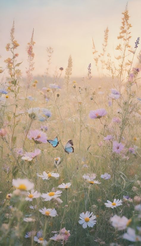 Pastel color painting of flowers, a serene meadow with wildflowers in soft pastel hues, butterflies fluttering around, inspired by countryside landscapes and vintage botanical prints. Beautiful Floral Background, Pastel Nature Aesthetic, Muted Pastel Aesthetic, Floral Wallpaper Iphone Vintage, Soft Floral Aesthetic, Vintage Background Landscape, Pastel Flowers Aesthetic, Pastel Floral Aesthetic, Pastel Cottagecore Aesthetic