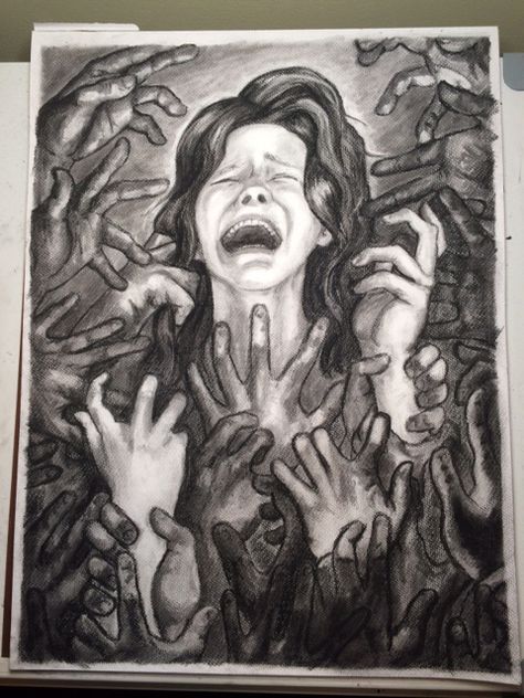 This is a self portrait I did over the summer about the feeling of getting overwhelmed and strangled by stress etc. Aside from a few additional tweaks its finished. I used charcoal and did my best to use contrast in order to focus the main view point at the face. Portraits With Emotion, Power Of Words Art, Dysmorphophobia Art, Overwhelming Art, Pollution Pictures, Meaningful Paintings, Colored Pencil Art Projects, Social Norms, Portrait Acrylic