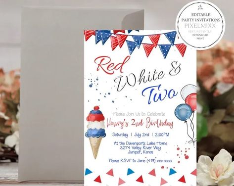 Red White and Two-Party Invitation, 4th of July Birthday Party Invitation, 2nd Birthday, Patriotic Invite Editable and Printable Instantly Red White And Two Birthday, 4th Of July Birthday Party, Red White And Two, July Birthday Party, Two Birthday Party, Patriotic Invitations, 4th Of July Birthday, Two Birthday, July Ideas