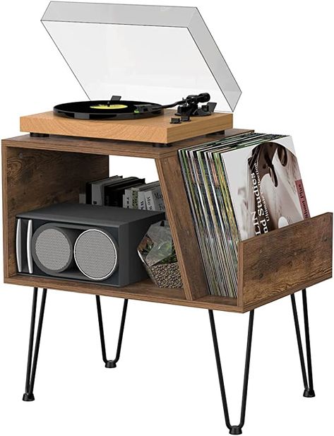 Ikea Record Player Stand, Record Player Corner Ideas, Wooden Record Player Stand, Record Holder Ideas, Record Player Stand Diy, Record Player Stand Aesthetic, Southwestern Office, Vinyl Player Stand, Record Player Shelf