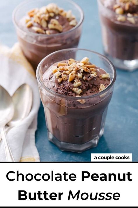 This decadent chocolate peanut butter mousse has a secret: it’s got a healthy spin and takes only 4 ingredients to make. The best part: it’s darn delicious! | dessert recipes | peanut butter desserts | vegetarian recipes | vegan recipes | plant based recipes | dairy free recipes | gluten free recipes | Chocolate Peanut Butter Mousse, Recipes Peanut Butter, Recipes Dairy Free, Recipes Plant Based, Butter Desserts, A Couple Cooks, Peanut Butter Mousse, Vegan Recipes Plant Based, Eating Vegan