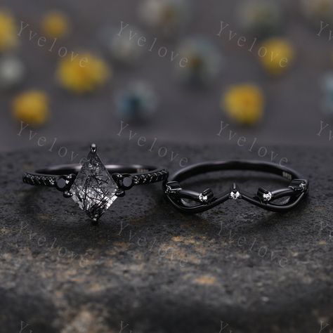 Retro Kite Black Rutilate Quartz Engagement Ring,vintage Black Silver Ring Set,unique Black Spinel Diamond Promise Ring Anniversary Gift - Etsy Black Unique Engagement Rings, Black Diamond Engagement Ring Vintage Unique, Black Ring With Diamond, Jasper Ring Engagement, Engagement Ring Goth, Black Ring Engagement, Black Band Wedding Rings, Black Wedding Ring Women, Black Wedding Ring Set For Women