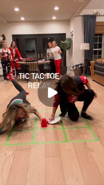 Shannon Morscheck on Instagram: "Tic Tac Toe Relay Race- We laughed until it hurt and we may be bruised, but it was absolutely worth it. Such a fun game!  The Rules:  Must be wearing socks for extra laughs  Pass the baton (a Nerf dart) to "go" Can't think too long, place your game piece and run!  #christmasgames #christmasfun #partygames #partyideas" School Relay Race Ideas, Pumpkin Relay Race, Fall Relay Games, Thanksgiving Relay Races For Kids, Human Tic Tac Toe Game, Tic Tac Toe Relay Race, Physical Games For Adults, Christmas Amazing Race Ideas, Halloween Relay Race Ideas