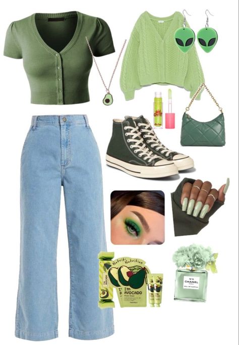 Light Green Outfit Aesthetic, Outfits Verdes, Green Converse Outfit, Macys Outfits, Real Outfits, Green Academia, Green Outfits, St Pats, Green Fits