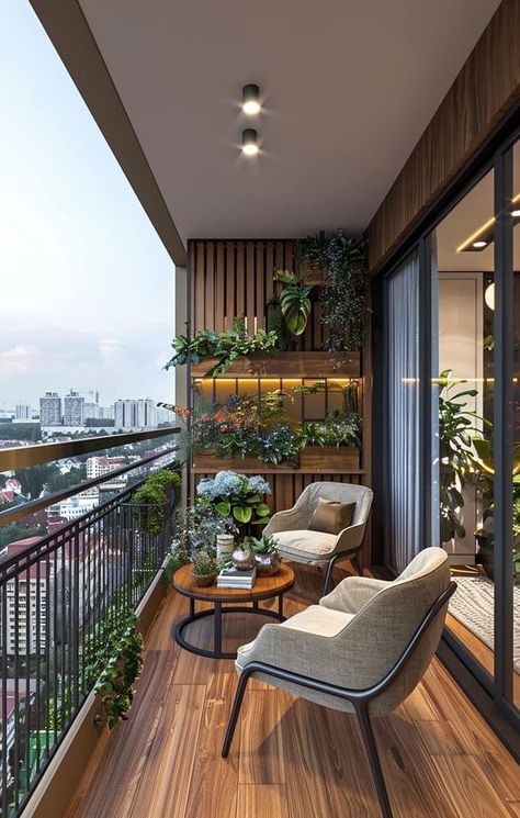 Terrace Design Apartment, Vertical Garden In Balcony, Wooden Balcony Ideas, Balcony Wooden Flooring, Modern Balcony Design Exterior, Balcony Design Ideas Modern, Balcony Vertical Garden, Balcony Seating Ideas, Loggia Design