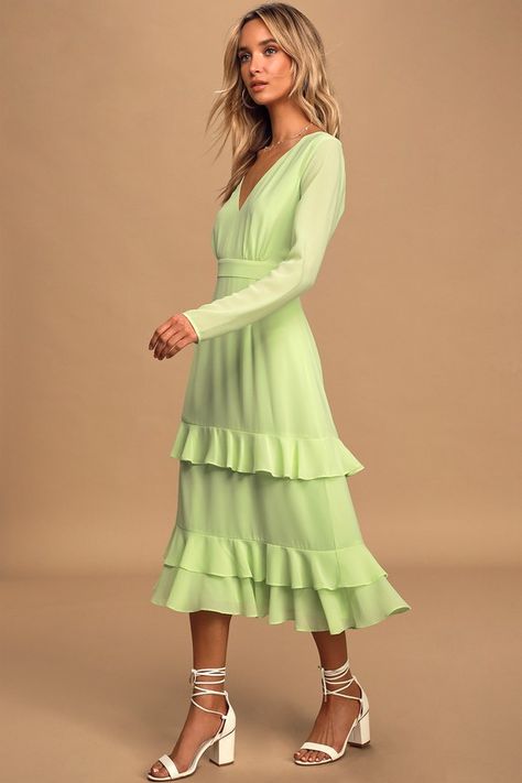 Cute Lime Green Dress - Ruffled Midi Dress - Long Sleeve Dress #ad #Green, #AD, #Dress, #Cute, #Lime Green Dress Long Sleeve, Ruffle Dress Long Sleeve, Wedding Guest Dresses Winter, Green Dress Long, Neon Prom Dress, Ruffle Dress Long, Green Ruffle Dress, Neon Prom Dresses, Light Lime Green