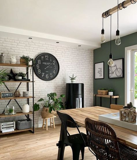 Nordic Home Decor on Instagram: “Great combination of greens, wood, black and white! Love it 🖤 . Credits: @maryline._ . Follow us for more decor content! . 👉…” Dark Wood Living Room, White House Interior, White Apartment, Black And White Living Room, Black Interior Design, Wood Interior Design, Black Living Room, Black Dining Room, Black And White Decor