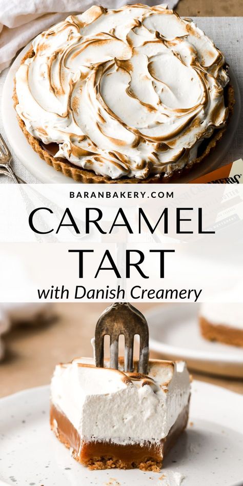 The ULTIMATE salted caramel tart made with a brown butter crust, fresh homemade salted caramel sauce and topped with the most luscious toasted brown sugar meringue. Caramel Desserts Fancy, Caramel Christmas Desserts, Dessert Recipes Caramel, Caramel Baking Recipes, Tarte Ideas, Carmel Pie Recipes, Winter Tarts Dessert, Winter Tarts, Dessert Tart Recipes