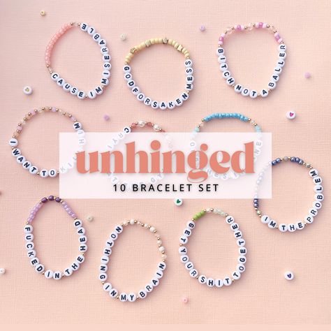 Don't be the only person without friendship bracelets at the Eras Tour! Whether you're buying them to keep or trade, these bracelets were made by hand by a fellow Swiftie. These bracelets are made with stretchy elastic, so no need to worry about annoying clasps. This Unhinged set is inspired by her most relatable, self deprecating, and self aware lyrics. Each bead was meticulously picked out to create the most authentic Unhinged set.  Clean versions are also available! 1 set contains 10 bracelet Funny Swiftie Bracelets, Atwtmvtvftvsgavralps Bracelet, Taylor Swift Lyrics Friendship Bracelet, Easy Eras Tour Bracelets, Eras Tour Bracelets Midnights, Taylor Swift Lyrics Bracelets, Bejeweled Friendship Bracelet, Eras Bracelet Ideas Funny, Tortured Poets Department Friendship Bracelet