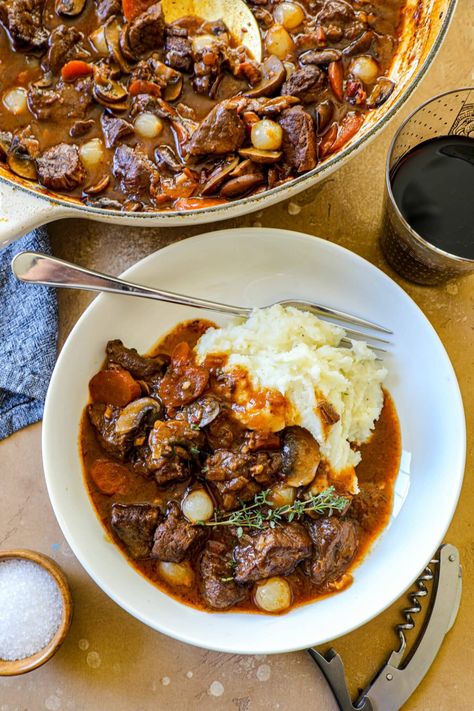 Le Creuset Beef Bourguignon Recipe Beef Braised, Dutch Oven Beef, Beef Bourguignon Recipe, Le Creuset Recipes, Fall Meal, Classic French Dishes, Buttered Noodles, How To Cook Beef, French Dishes