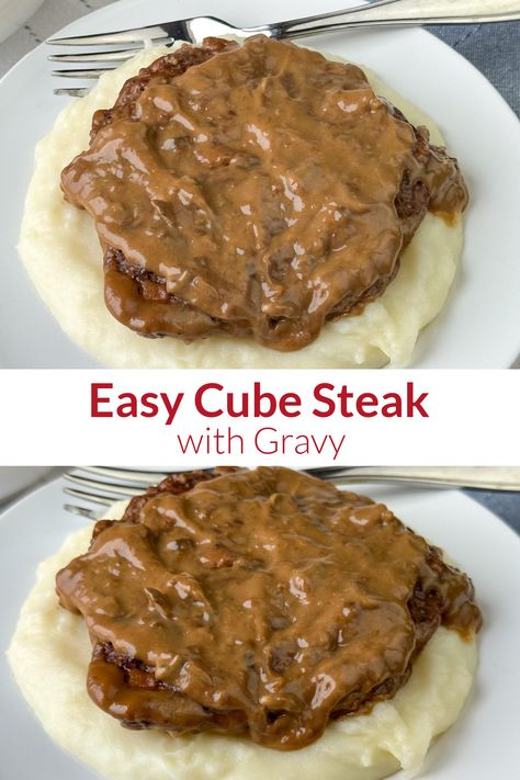 Collage of cube steak with gravy Bake Steak In Crockpot, Tender Oven Baked Cube Steak, Croc Pot Cube Steak, Easy Cube Steak And Gravy Recipes, Cubed Steak Cream Of Mushroom, Cube Steak Mushroom Soup, Cubed Steak Recipes Easy Oven, Cubed Steaks In Oven, Bucket Steak And Gravy