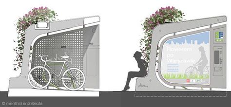 Menthol Architects' Plant-Covered Bicycle Parking Pod also Doubles as a City Furniture | Inhabitat - Sustainable Design Innovation, Eco Architecture, Green Building Bicycle Parking Architecture, Green Building Architecture, Bus Stop Design, Bike Shelter, Urban Furniture Design, Henning Larsen, Diy Furniture Cheap, Shelter Design, Eco Architecture