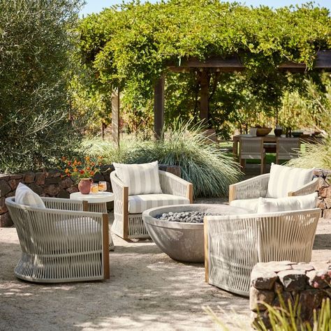 Pasadena Outdoor Teak Swivel Chair | Williams Sonoma Exterior Furniture Design, Backyard Patio Furniture Ideas, Pool Furniture Ideas, Coastal Patio Ideas, Coastal Outdoor Living, Outside Patio Furniture, Outdoor Pool Furniture, Sunbrella Outdoor Furniture, Elegant Outdoor Furniture