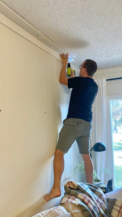 Weekend Diy Projects, Ceiling Sheets, Ceiling Makeover, How To Install Beadboard, Ceiling Remodel, Covering Popcorn Ceiling, Ceiling Covering, Hallway Makeover, Ceiling Trim