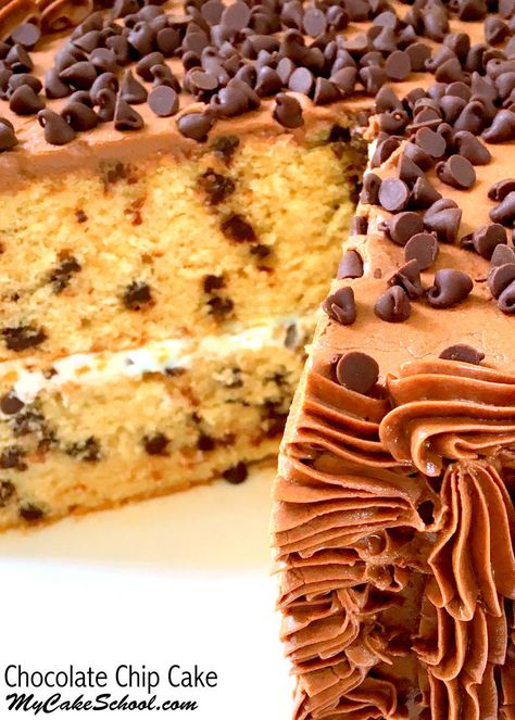 Moist and Delicious Chocolate Chip Cake Recipe by MyCakeSchool.com! My Cake School cake recipes, tutorials, and more! Moist Chocolate Chip Cake, Vanilla Chocolate Chip Cake, Chocolate Chip Cake Recipe, Cake Recipes Uk, Recipes Tutorials, Cake Recipes At Home, Homemade Chocolate Chips, School Cake, Chocolate Chip Cookie Cake