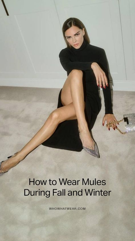 Mules In Winter Outfit, Women’s Outfit With Mules, Kitten Heels With Socks Outfit, Winter Mules Outfit, How To Wear Mules In Winter, Mule Pumps Outfit, Socks With Mules Outfit, How To Style Mules Heels Outfits, Socks With Mules