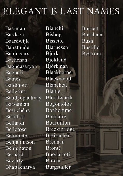 1800 Last Names, Regency Last Names, Elegant Surnames Ideas, Posh Last Names, Feminine Last Names, Elegant Names With Meaning, Elegant Last Names For Characters, Lastnames Ideas, Dark Academia Surnames