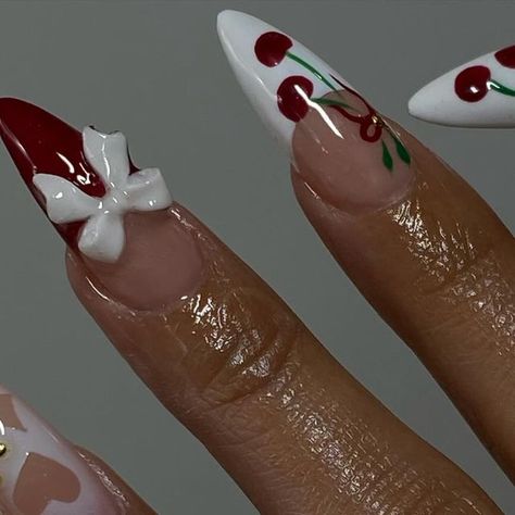 GEL X SPECIALIST | BELL GARDENS CA on Instagram: "A very Cherry Christmas 🎄🍒                          #nailart #nailinspo #goldchromenails #longnails        #rednails #downeynails #bellgardennails #pearlnails #pearlfrenchies #holidaynails #christmasnails #waterdropnails #jellynails" 3d Cherry Nails, Cut Dog Nails, Pop Nails, Lana Aesthetic, Almond Nails Red, Cherry Christmas, Gold Chrome Nails, Bling Nail Art, Long Almond Nails