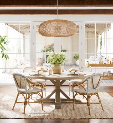 Freshen Your Dining Room for Summer  – serena & lily Modern Coastal Dining Room, Parisian Bistro Chairs, Lake House Furniture, Coastal Dining Room, Parisian Bistro, Coastal Dining, Serena Lily, Inspired Interiors, Dining Table Centerpiece