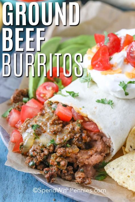 Ground burritos are a quick and easy weeknight meal. Made with taco seasoning, ground beef, and tortilla, this recipe is easily customizable with your favorite toppings! Just load them in, fold this burrito like a pro, and enjoy your classic Mexican ground beef burrito! #spendwithpennies #groundbeefburrito #burritorecipe #Mexican #groundbeefrecipe #burrito Ground Beef Fajitas Recipes, Healthy Burritos Recipe, Ground Beef Tortilla Wraps, Burrito Filling Ground Beef, Best Ground Beef Burrito Recipe, Mexican Beef Burrito Recipes, Recipe For Burritos Ground Beef, Beef Burittos Recipes Easy, Burittos Recept