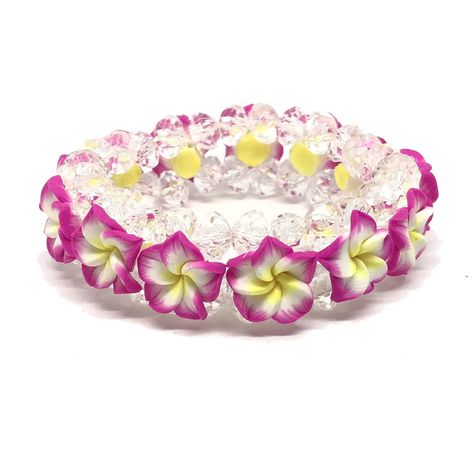 PRICES MAY VARY. Hawaiian bracelet with pink fimo clay plumeria flowers and clear plastic beads. Elastic so one size fits all Width of the flower about 5/8" Matching hair clips and earrings and necklace available in our Amazon Store! Hawaiian bracelet with pink fimo clay plumeria flowers and clear plastic beads. Width of the flowers about 5/8" Elastic so one size fits all Pink Plumeria, Hawaiian Bracelets, Hawaii Jewelry, Plumeria Flowers, Hawaiian Jewelry, Kawaii Jewelry, Fimo Clay, Zero Gravity, Elastic Bracelet