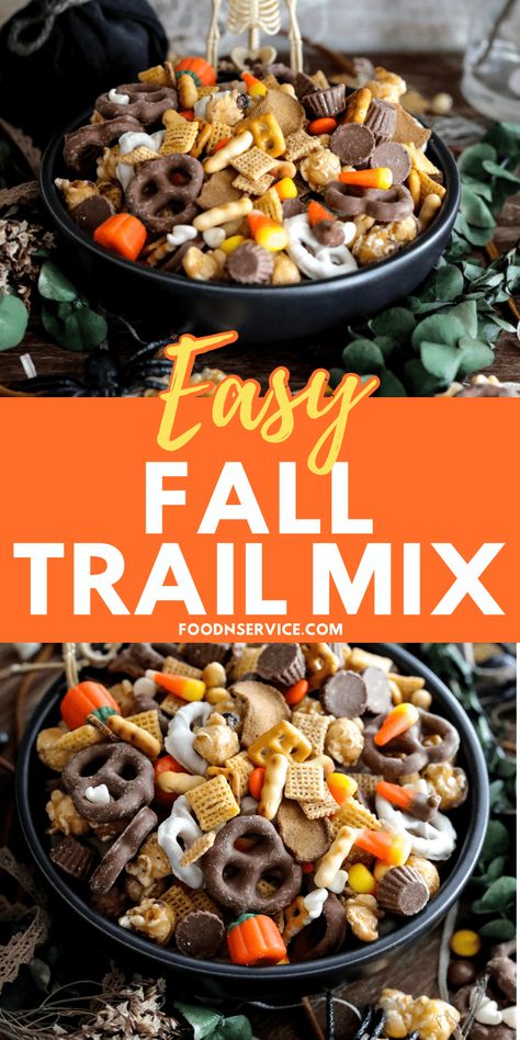 My fall trail mix is perfect treat that you can make it no time! You can choose and mix up your own little favorite candy to add into too, or even add different flavors of chex mix. via @foodnservice Autumn Trail Mix Recipe, Easy Homemade Chex Mix Recipe, Fall Snack Mix Ideas Gluten Free, Camping Trail Mix Ideas, Pumpkin Chex Mix Fall Snacks, Fall Candy Mixture, Halloween Trail Mix Recipe Nut Free, Easy Fall Trail Mix Recipe, Fall Snack Mixes Healthy