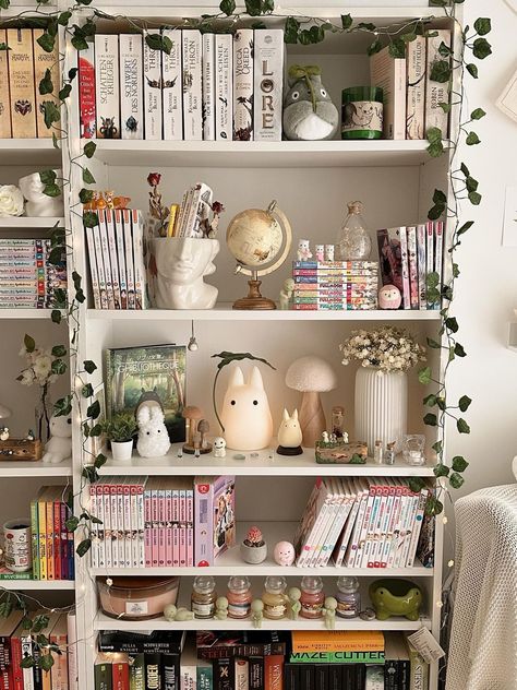 Bookshelf Stacking Ideas, Cute Bookcase Decor, Korean Bookshelf Aesthetic, Bookshelf In Bathroom, Book Wall Ideas Bedroom, Shelf Fillers Decorating, Billy Bookcase Setup, At Home Bookshelves, Cute Bookshelf Ideas Aesthetic