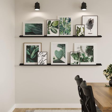 Picture Frames Collage Wall Decor Black Picture Ledge, Black Photo Ledge, Picture Ledge With Lights, Large Picture Frame Ideas Living Room, Kitchen Collage Wall Ideas, Picture Ledge Layout, Picture Ledge Styling, Family Picture Display, Picture Frames Collage