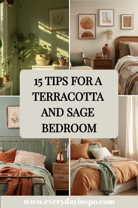 Make a stunning terracotta and sage bedroom using these decor tips. Sage And Cream Bedroom Ideas, Rust And Green Bedroom Ideas, Bedroom Sage Walls, Moody Sage Bedroom, Terracotta Gray And Green Bedroom, Terracotta And Green Nursery, Terra Cotta Green Bedroom, Sage Green Orange Bedroom, Sage Green And Terracotta Nursery