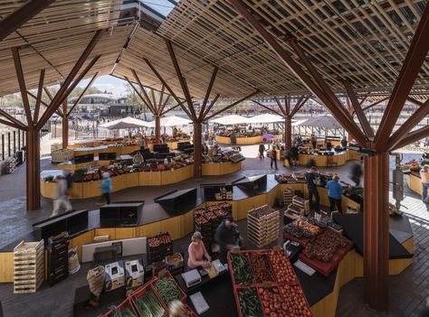 Urban Market Architecture, Open Air Market, Central Building, Timber Roof, Traditional Market, Public Market, Outdoor Market, Pitched Roof, Architecture Plan