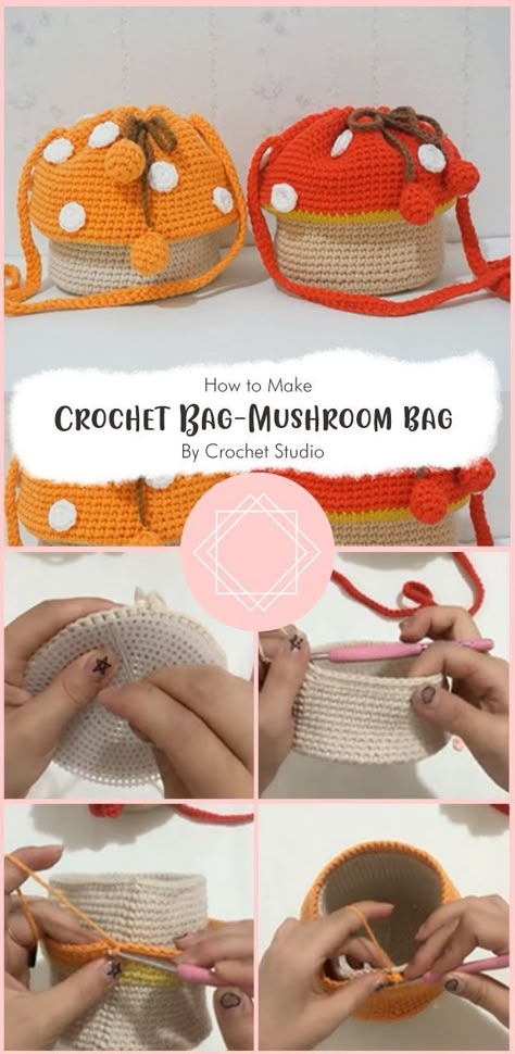 Mushroom Purse Crochet Pattern, Mushroom Crochet Bag Pattern Free, Crochet Bag Mushroom, Crochet Mushroom Amigurumi, How To Crochet Mushrooms, Crochet Patterns Bag Free, Crotchet Bags Patterns Free Easy, Mushroom Crochet Ideas, No Stuffing Crochet Patterns