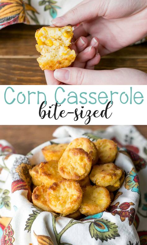 Corn Casserole Bites are bite-size nuggets of sweet corn loaded mini muffins. Texas Corn Nuggets 12 Tomatoes, Corn Bites Air Fryer, Mini Corn Recipe, Corn Casserole Bites, Cornbread Casserole Muffins, Corn Pudding Muffins, Corn Nuggets Recipe Air Fryer, Camp Appetizers, Corn Casserole Muffins