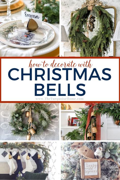 A classic touch to your holiday farmhouse decor, Christmas bells are one of my favorite secrets to decorating for the holiday season! Use these 7+ simple Christmas bell decoration tips to create timeless holiday decor you’ll love. Large Sleigh Bells Decor, Sleigh Bell Decorating Ideas, Gold Bells On Mantle, Bells On Front Door, Christmas Bells Table Decorations, Christmas Bells On Fireplace, How To Decorate With Bells, Christmas Bell Centerpiece, Large Bell Christmas Decor