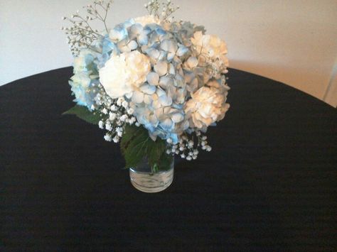 White carnation with blue hydrangeas and baby's breath White Carnations Bouquet, White Carnation Bouquet, Blue Flower Centerpieces, Carnations Bouquet, Blue Hydrangea Centerpieces, Carnation Centerpieces, Baby's Breath Wedding, White Carnations, Blue Wedding Centerpieces